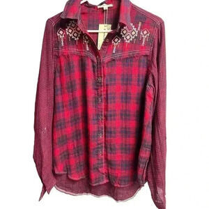 Southern Stitch Western Blouse Embroidery Red Blue Fringe Long Sleeve Medium